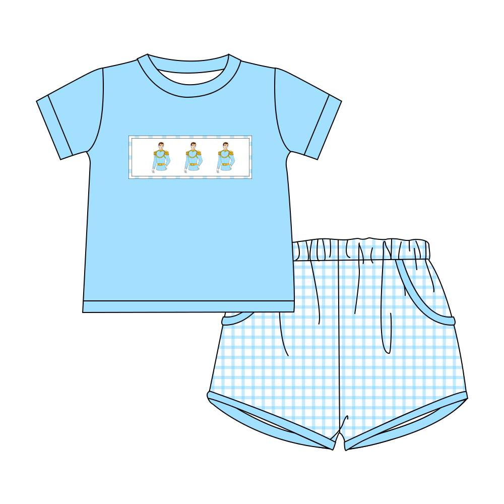 Short sleeves light blue top plaid shorts boys clothes