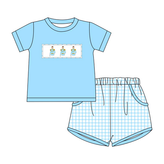 Short sleeves light blue top plaid shorts boys clothes