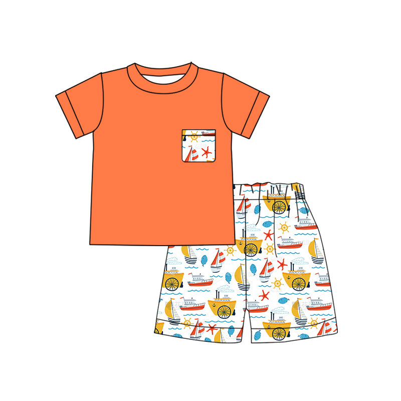 Orange pocket top boat shorts boys summer clothes – Western kids clothes