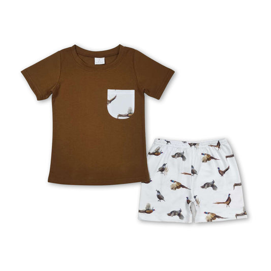 Brown  pocket top pheasant shorts kids boys clothes