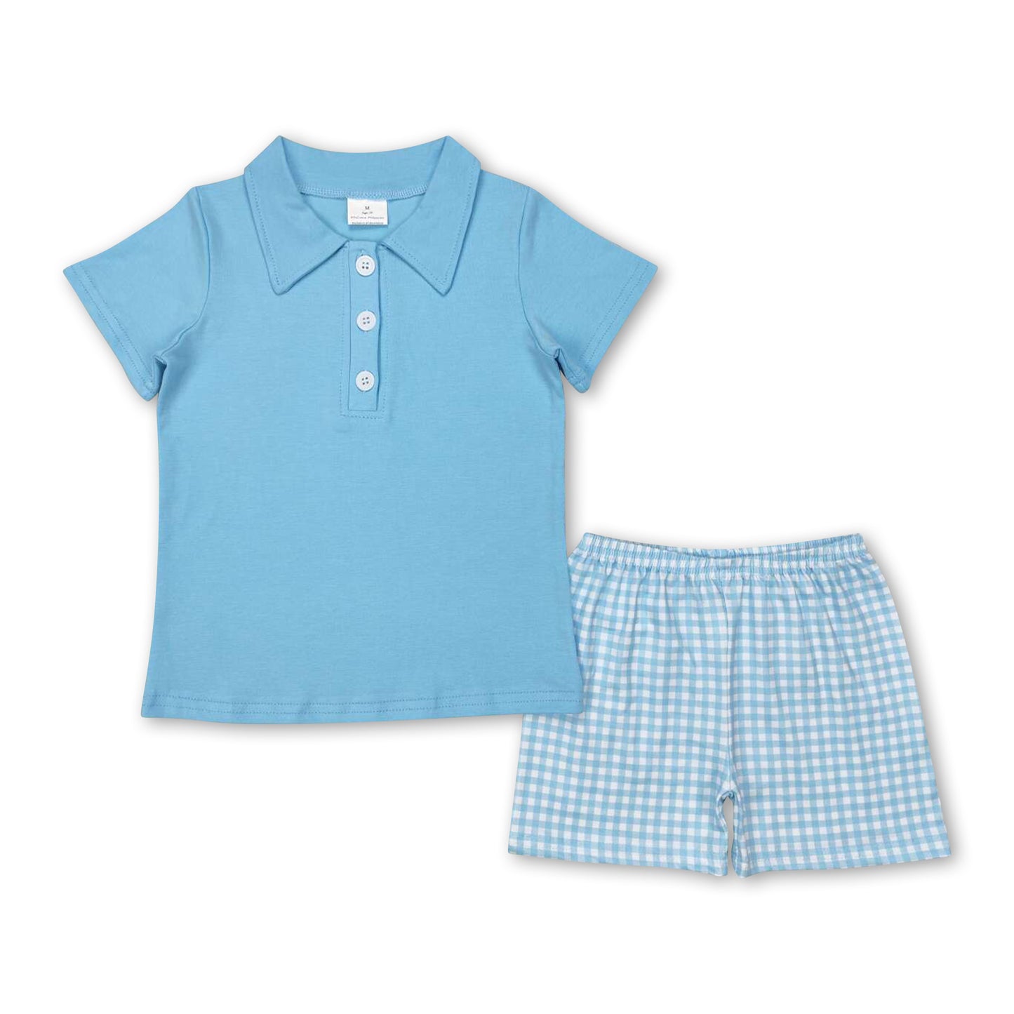 Light blue polo shirt plaid shorts kids boys clothes