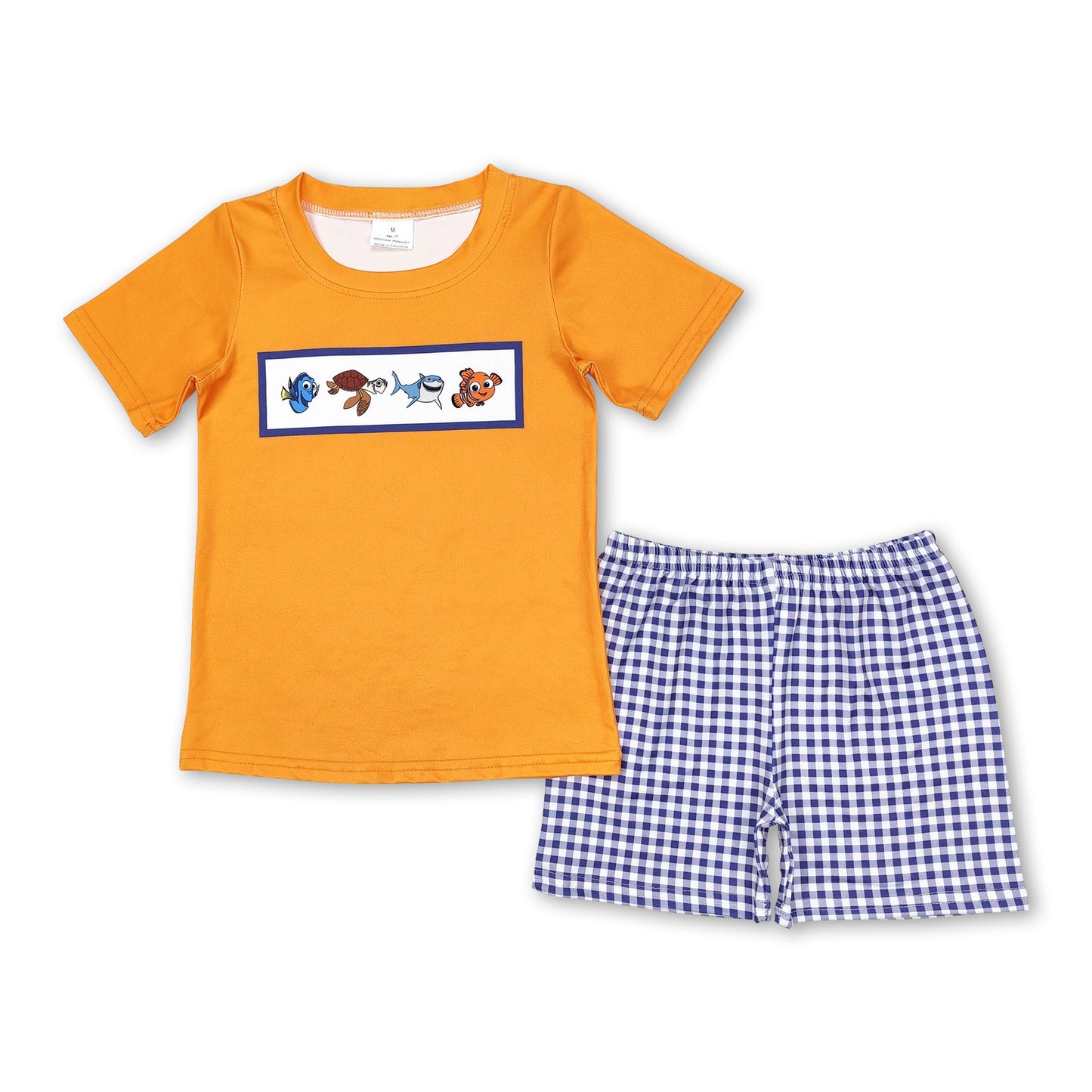 Short sleeves fish top plaid shorts boys summer clothes