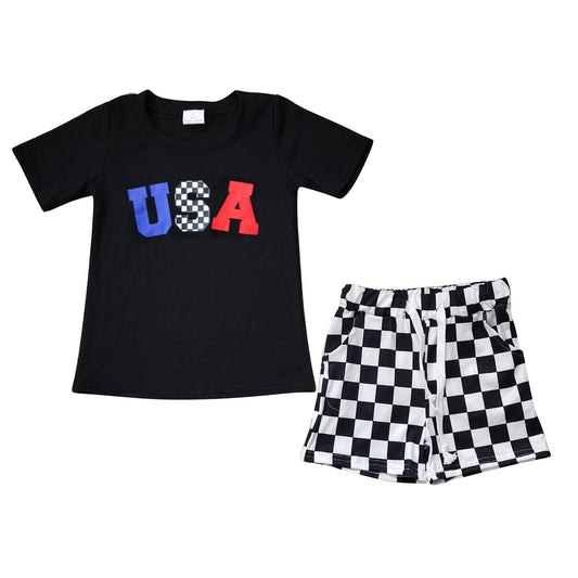 Short sleeves USA top plaid shorts boys clothing set