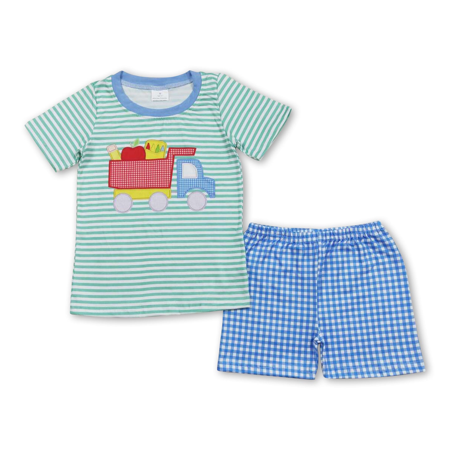 Green stripe apple crayon top shorts boys back to school clothes