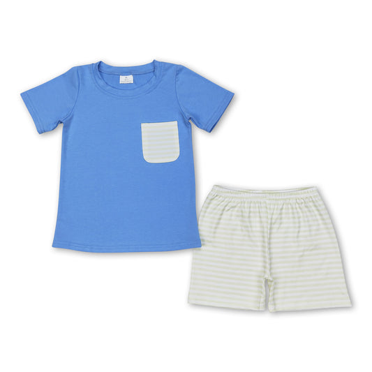 Short sleeves blue pocket top stripe shorts boys clothes