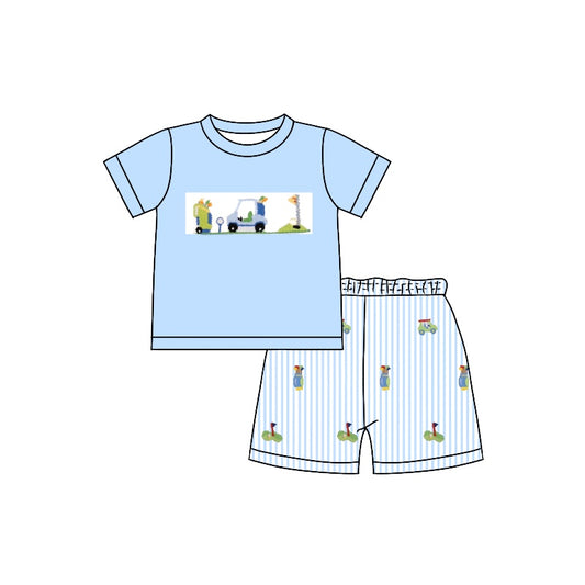 Light blue golf top stripe shorts boys clothing set