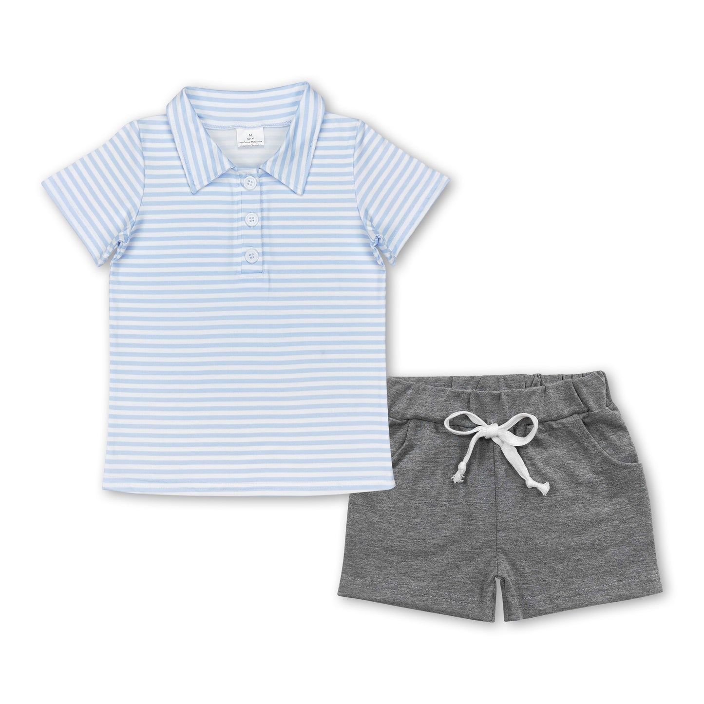 Light blue stripe polo shirt grey shorts boys clothing set