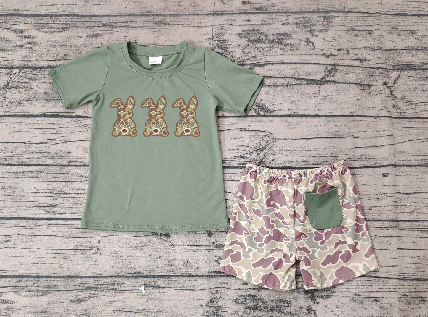 Short sleeves camo bunny top camo shorts boys Easter outfits