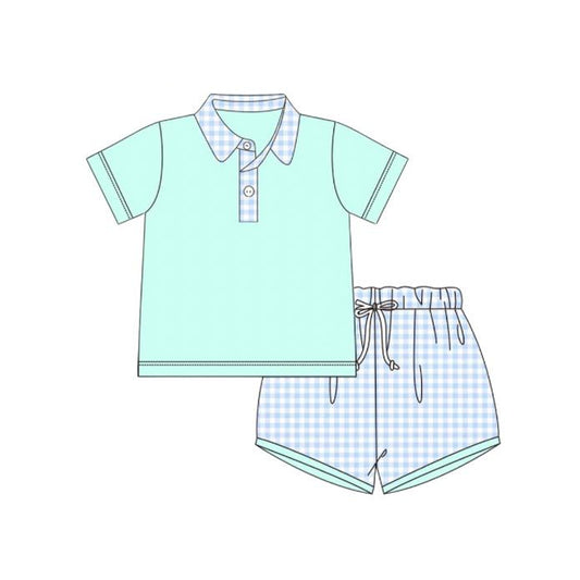 Light blue plaid mint top shorts kids boys summer clothes