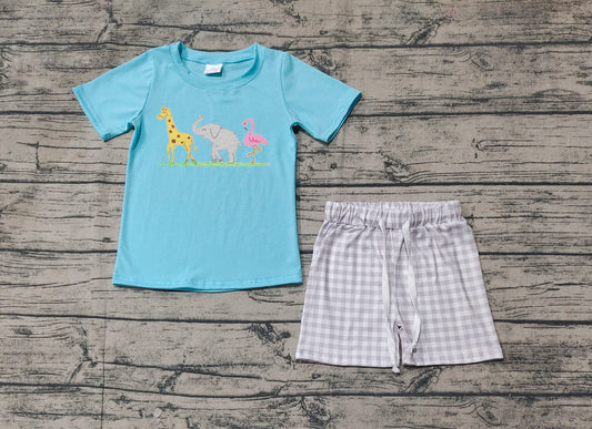 Giraffe elephant flamingo top plaid shorts boys clothing