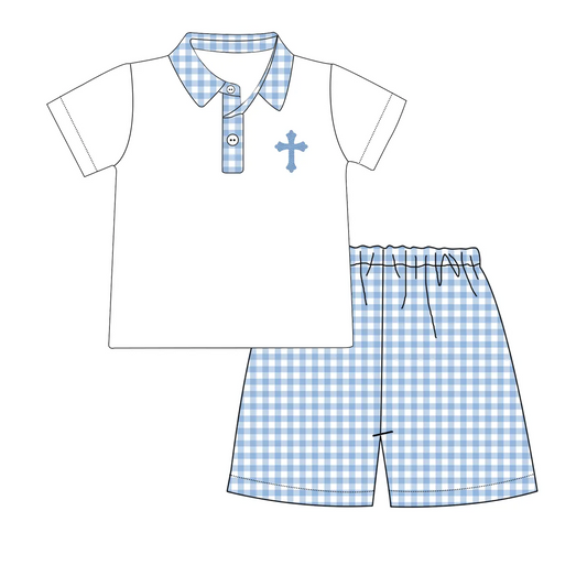 Cross polo shirt light blue plaid shorts boys Easter outfits