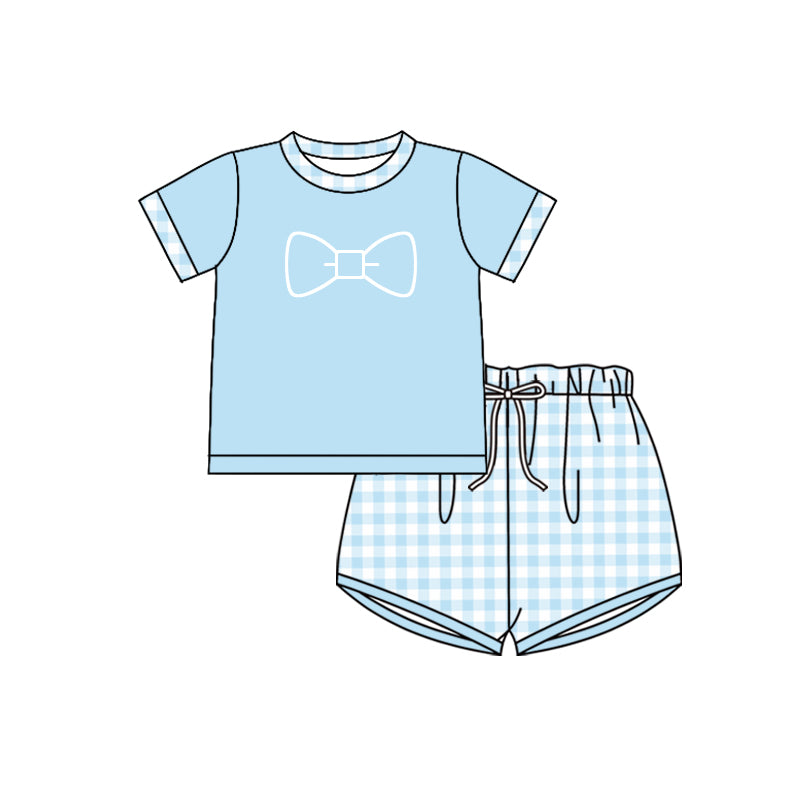 Light blue bow tie top plaid shorts kids boys clothing