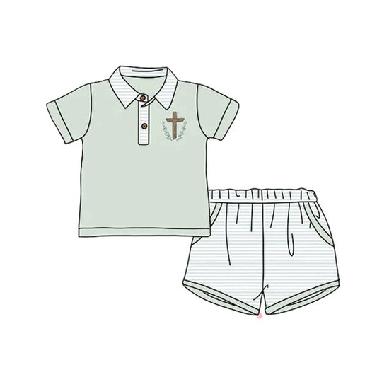 Short sleeves cross polo shirt stripe shorts boys Easter set