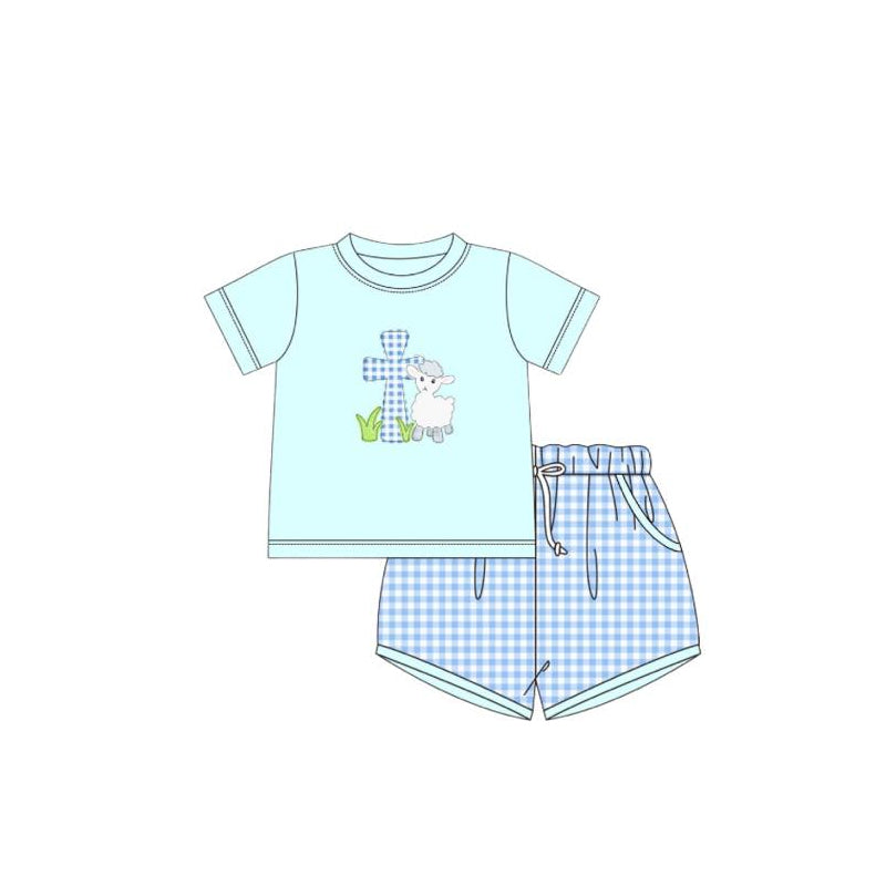 Short sleeves cross sheep top plaid shorts boys clothes