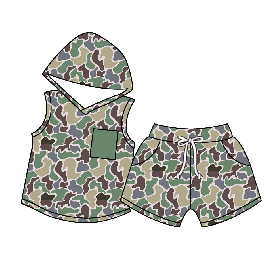 Sleeveless green camo pocket hoodie shorts boys outfits