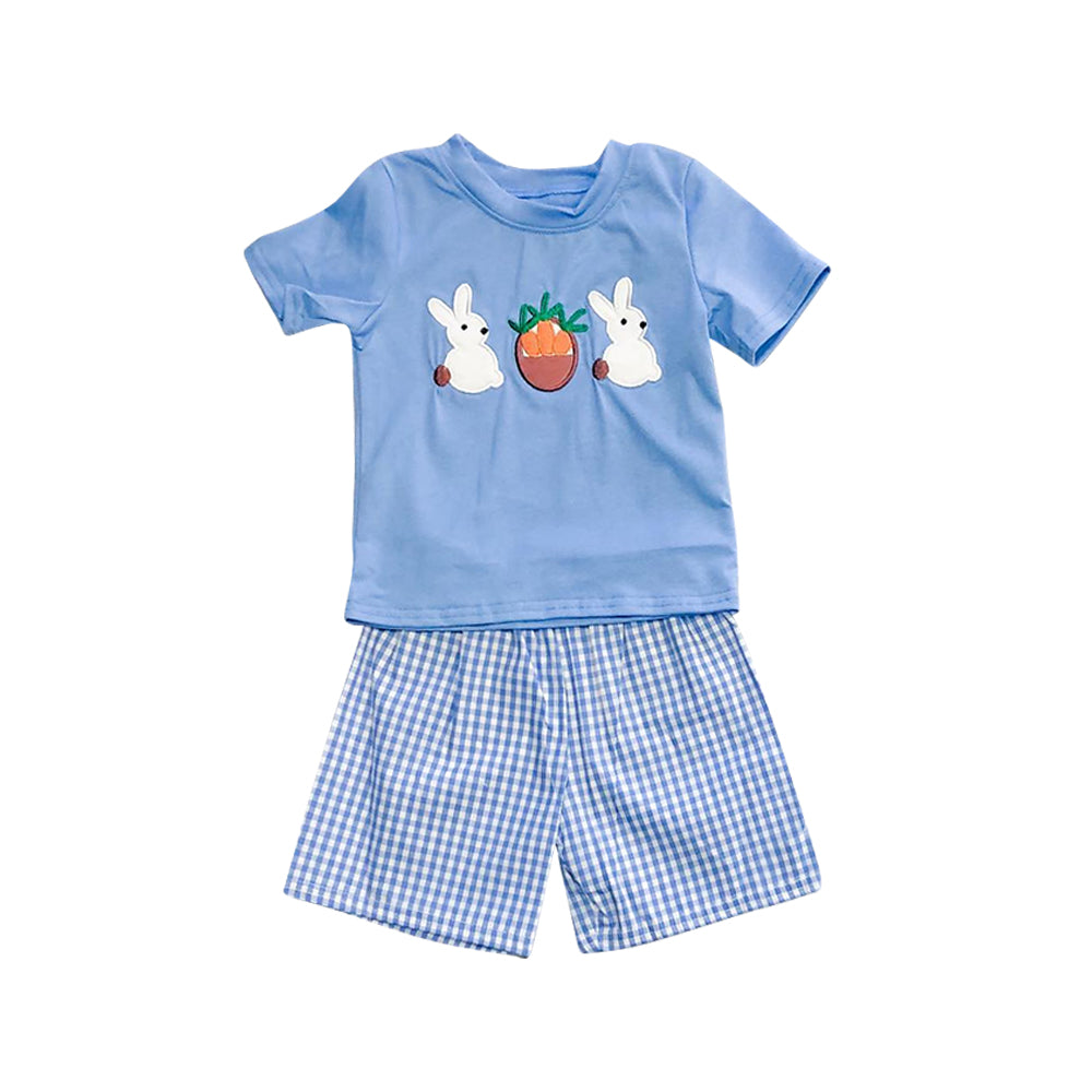 Blue bunny eggs top plaid shorts boys Easter clothes