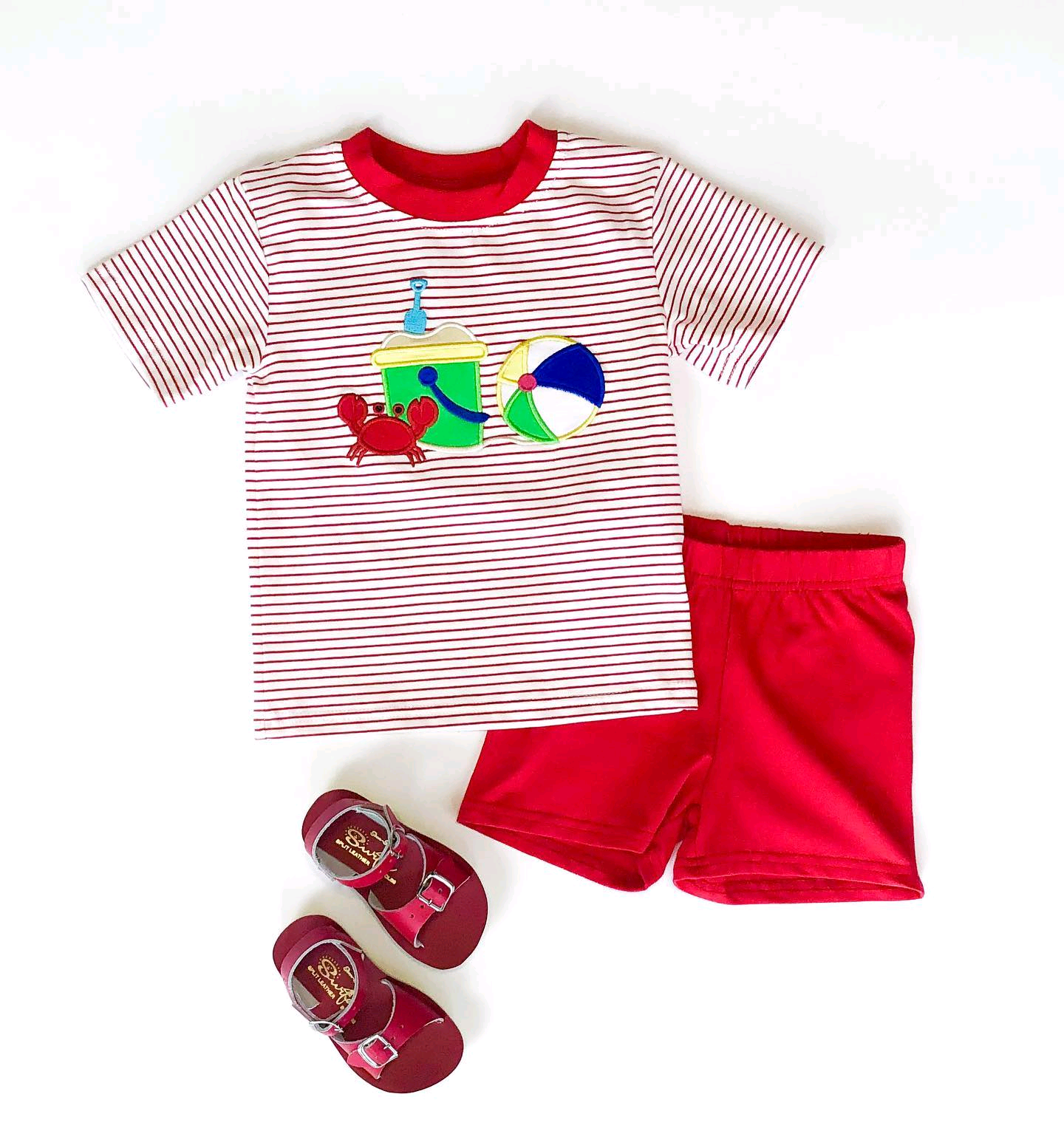 Red stripe crab ball top shorts kids boys summer outfits