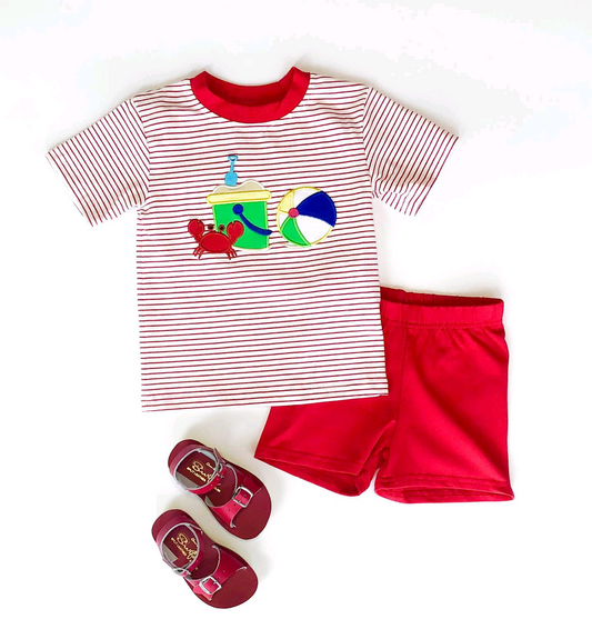 Red stripe crab ball top shorts kids boys summer outfits