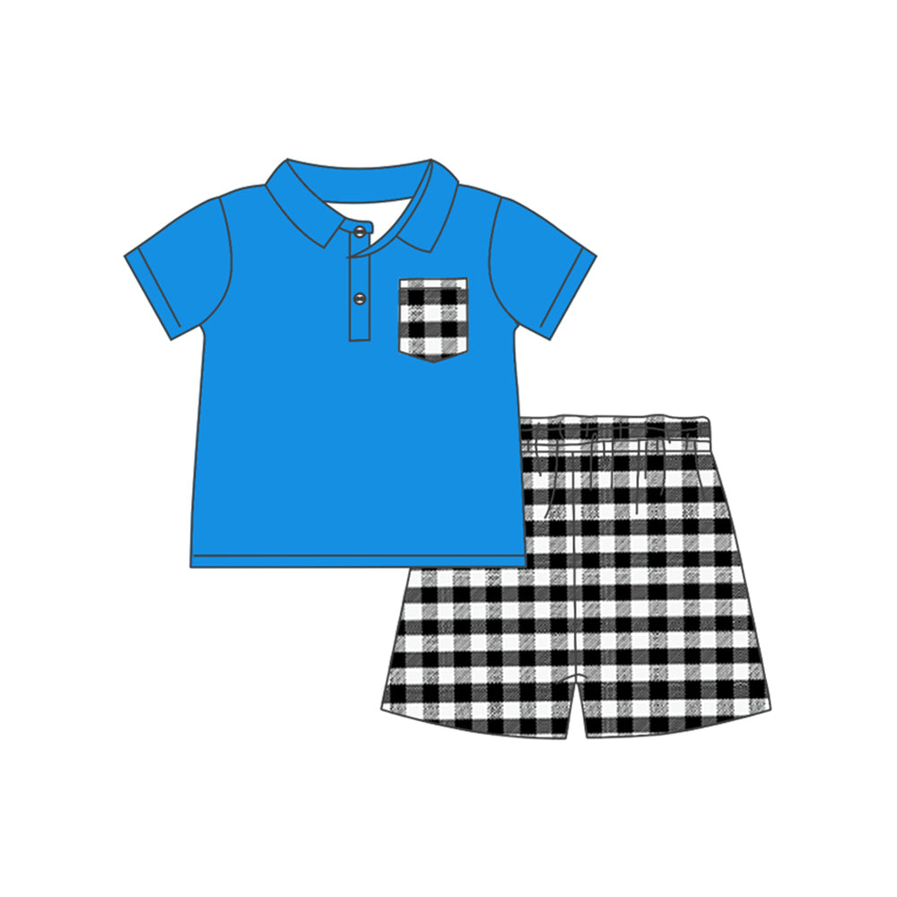 Black plaid pocket polo shirt shorts kids boys clothes