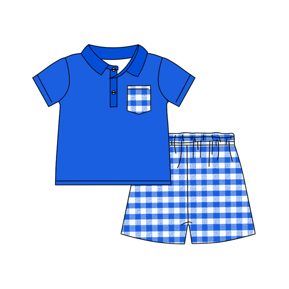 Blue plaid pocket polo shirt shorts kids boys clothes