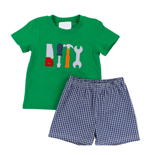 Green short sleeves tool top plaid shorts boys clothes