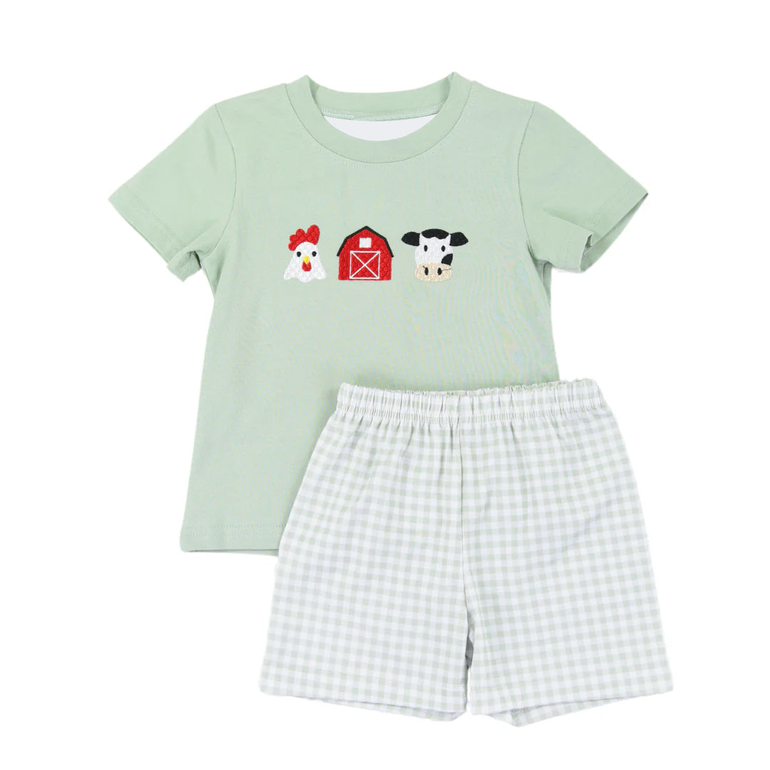 Short sleeves chicken cow top plaid shorts farm boy clothes