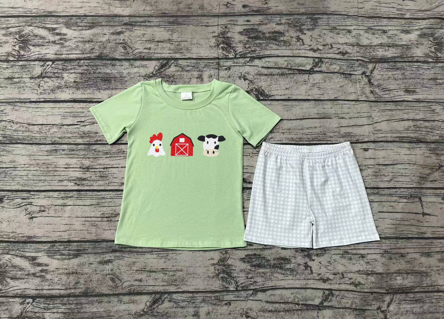 Short sleeves chicken cow top plaid shorts farm boy clothes