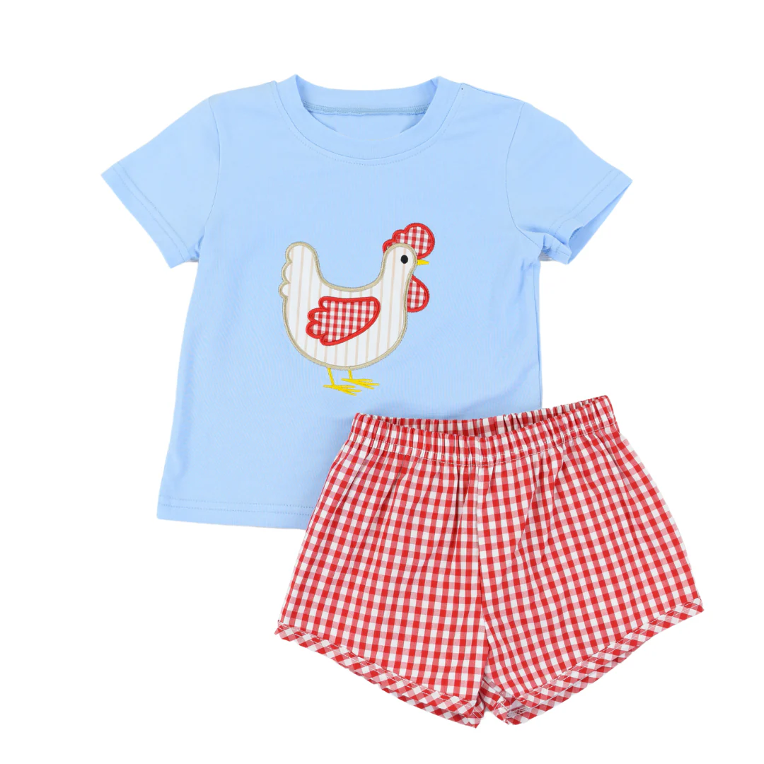 Light blue chicken top plaid shorts baby boy clothes