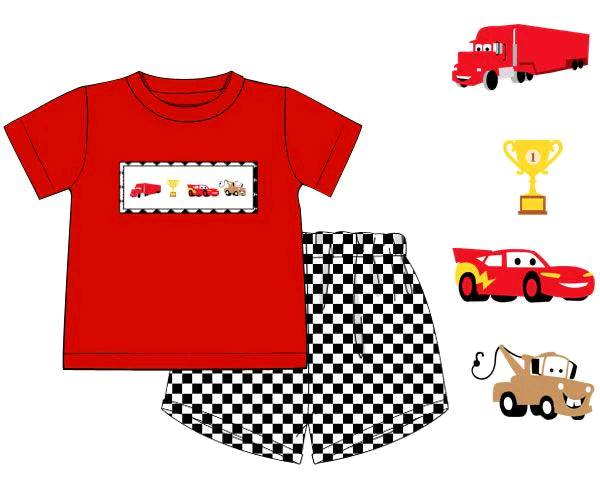 Red cars top black plaid shorts boys clothes