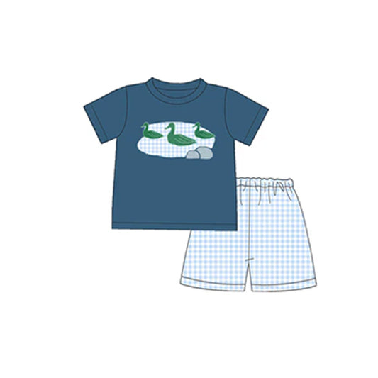 Blue short sleeves duck top plaid shorts boys clothing