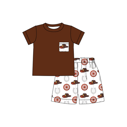 Short sleeves brown pocket top hat shorts western boys clothes