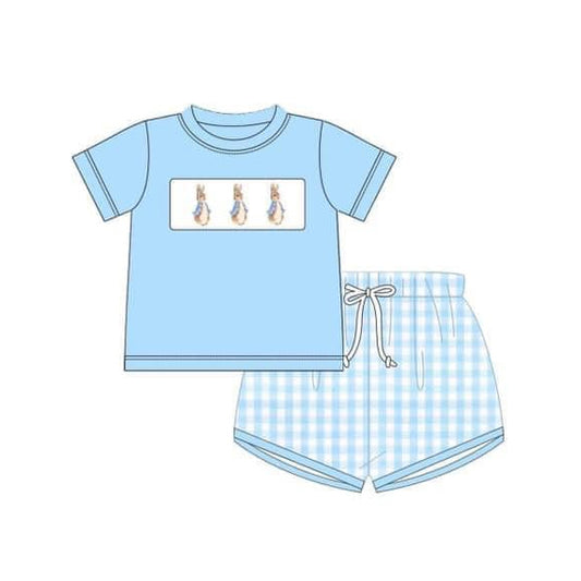 Light blue rabbit top plaid shorts boys Easter outfits