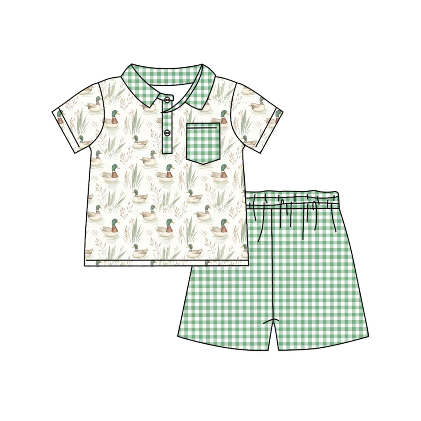 Green plaid pocket duck top shorts boys clothing set