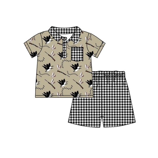 Black plaid pocket duck top shorts boys clothing set