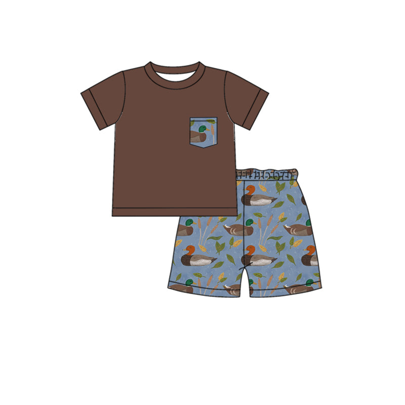 Brown short sleeves duck pocket top shorts boys clothes