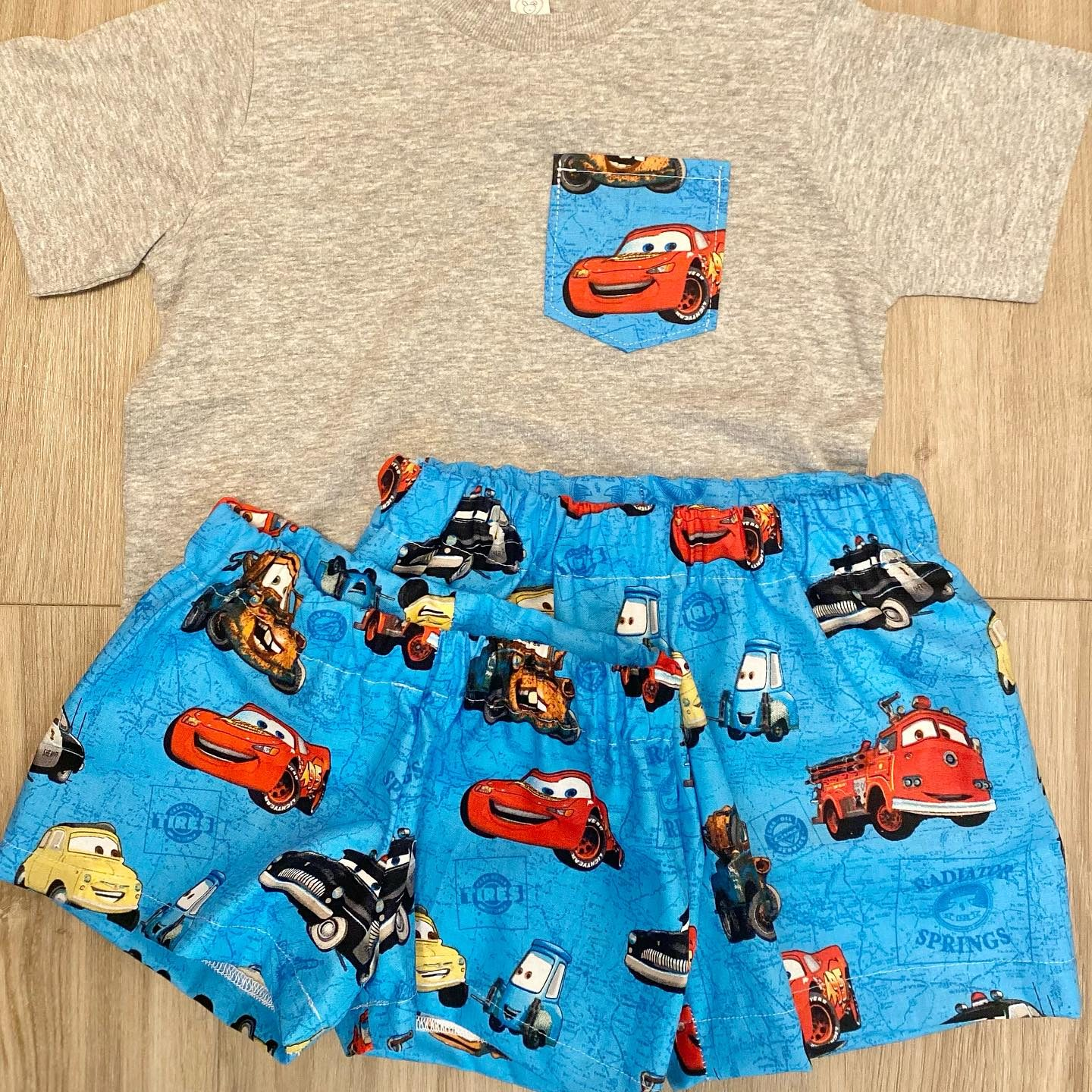 Grey short sleeves pocket top car shorts boys clothes