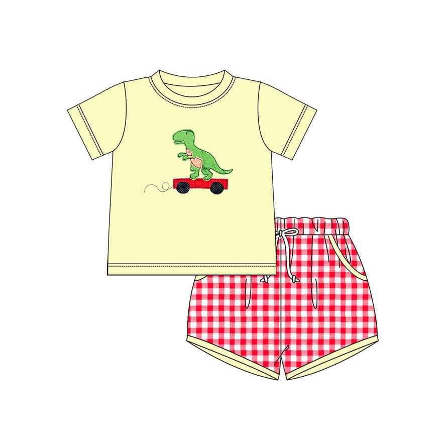 Short sleeves dinosaur top plaid shorts baby boys clothes