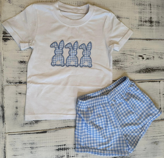 Short sleeves bunny top light blue plaid shorts boys Easter outfits