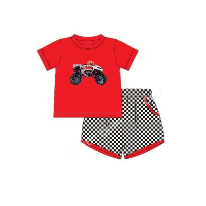 Red short sleeves top plaid shorts kids boys clothes