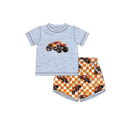 Grey short sleeves top orange plaid shorts kids boys clothes