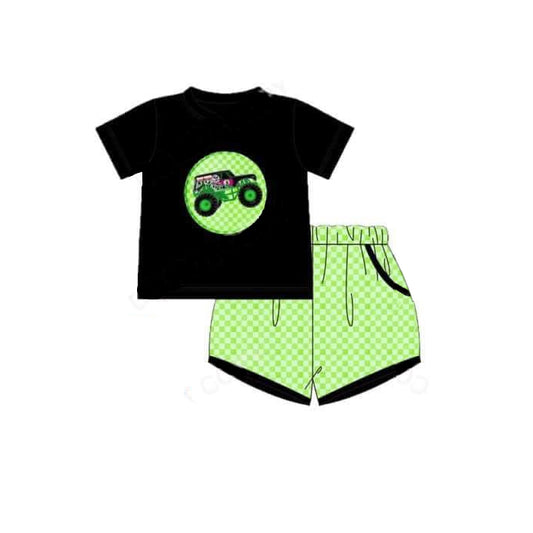 Black short sleeves top green plaid shorts kids boys clothes