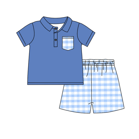 Blue plaid pocket polo shirt shorts boys summer clothes