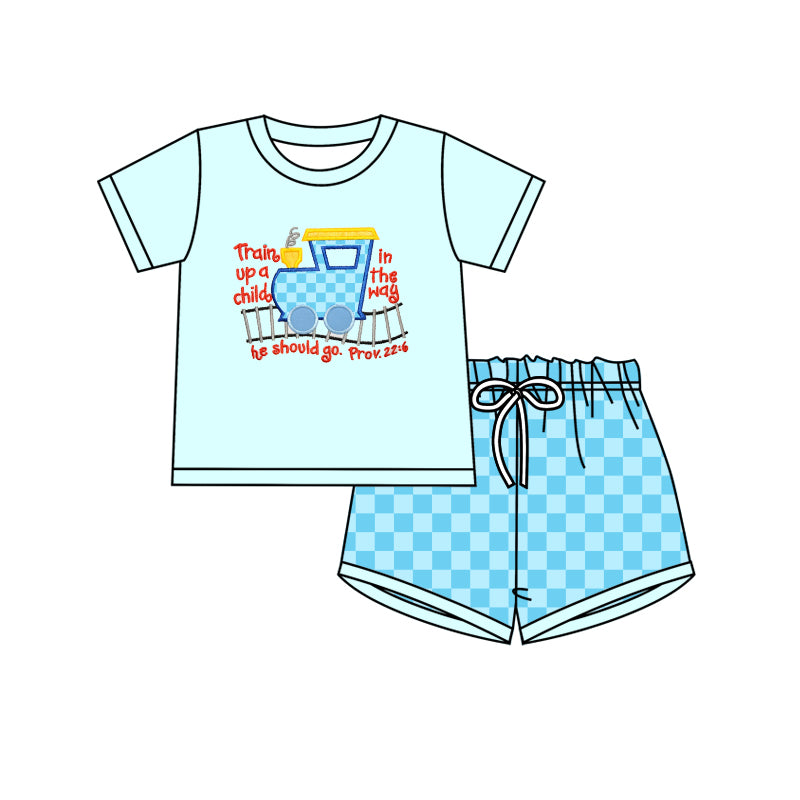 Short sleeves train shirt plaid shorts boys summer clothes