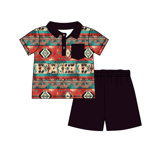 Black pocket aztec polo shirt shorts western boys outfits