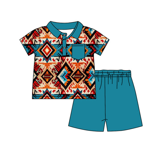 Blue pocket aztec polo shirt shorts western boys outfits