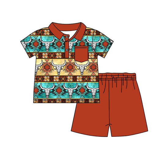 Pocket bull skull aztec polo shirt shorts western boys outfits