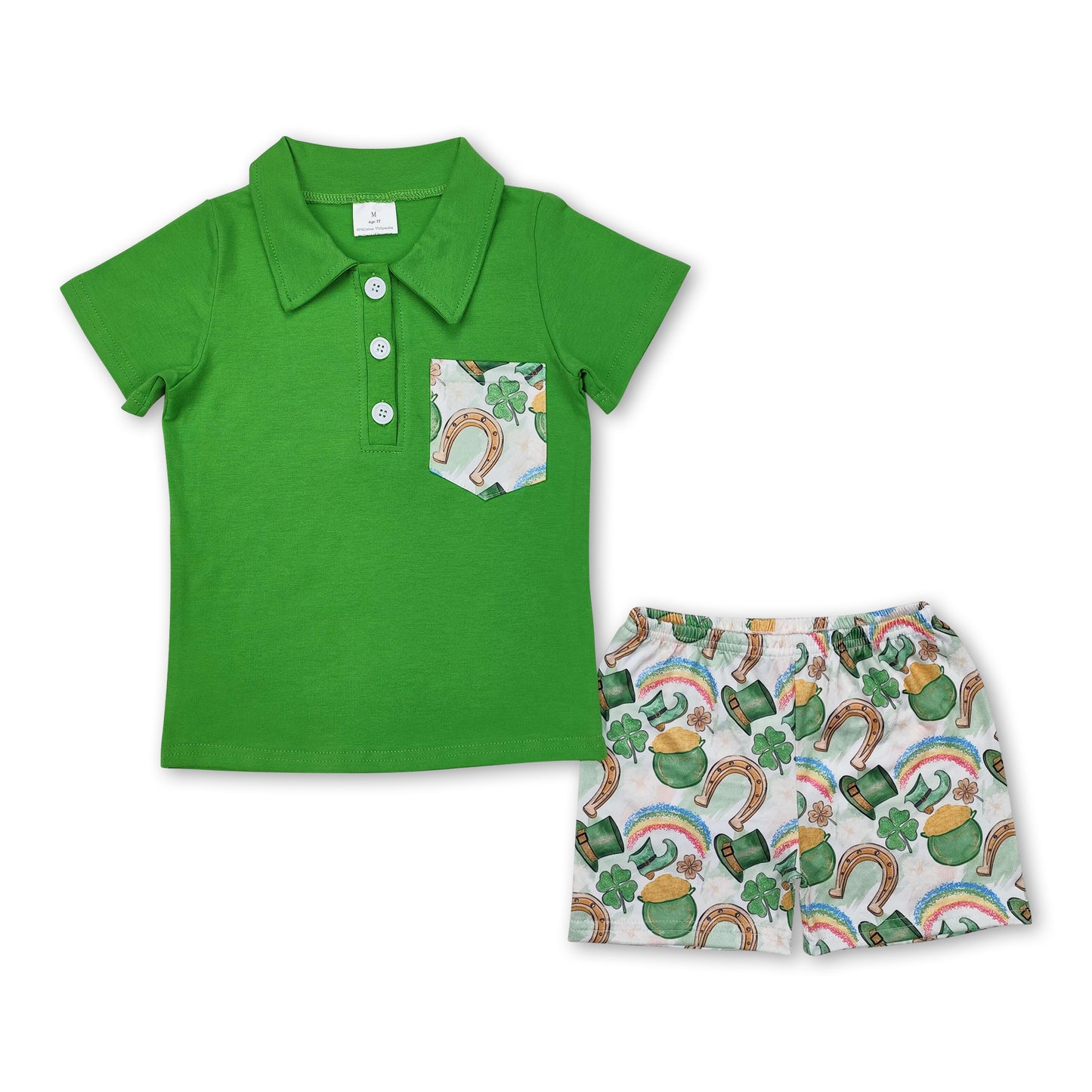 Green polo shirt rainbow hat kids boys St Patrick's day set