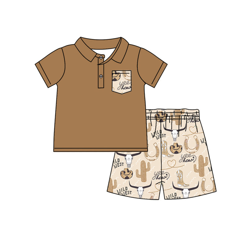 Pocket polo shirt bull skull cactus shorts western boys outfits