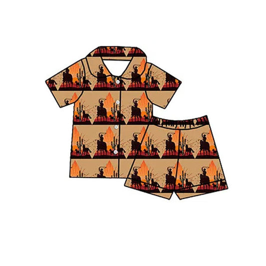 Short sleeves rodeo cactus western kids button down pajamas