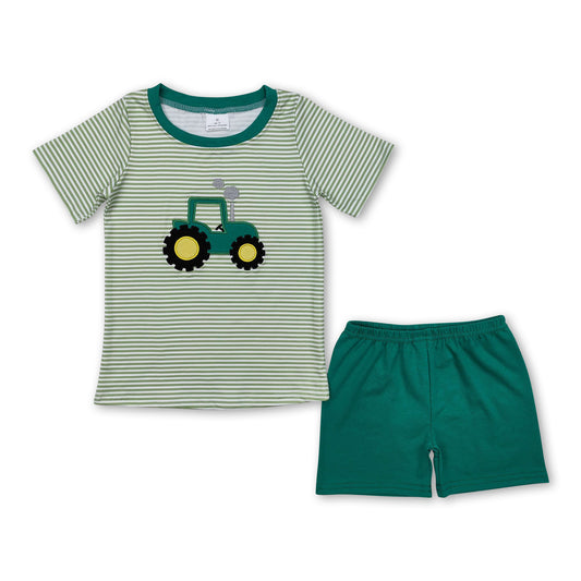 Short sleeves green stripe tractor kids boys farm clothes ship from US